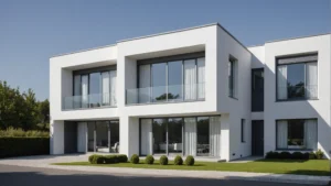 haus graue fassade weiße fenster