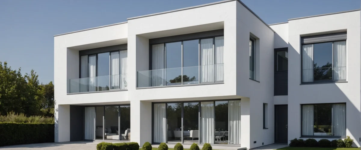 haus graue fassade weiße fenster